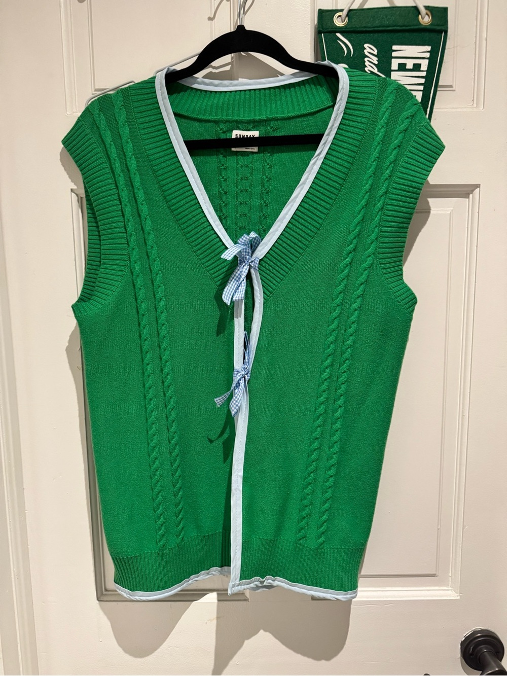 Reworked ARITZIA Green Knit Sleeveless Sweater Vest with Light Blue Trim